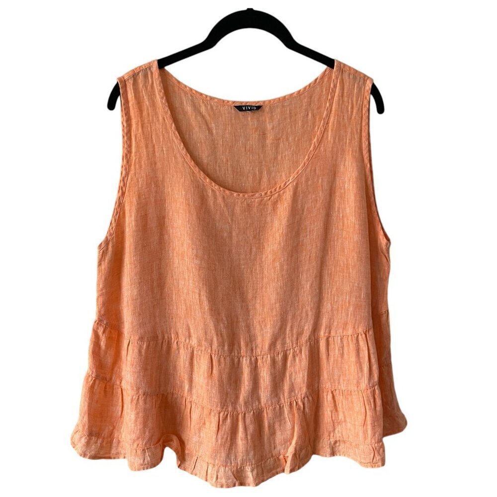 Vivid Tiered Linen Pullover Scoop Neck Casual Tank Top Blouse Orange Large